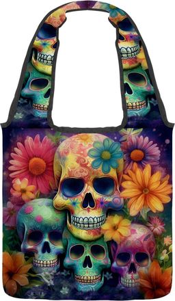 Generic Colorful Skull Floral Reversible Canvas Shoulder Tote - Double-Sided Print, 12oz Cotton, 27cm Drop, Fold-Flat Bag for Travel, Shopping, Street Outings