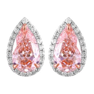Diamond2Deal 14k White Gold Vivid Pink Pear Cut 4.8 Ct Lab-Grown Diamond Halo Stud Earrings