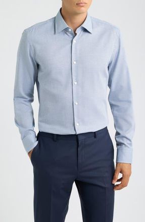 BOSS Hank Slim Fit Micropattern Cotton Dobby Dress Shirt in Blue at Nordstrom, Size 14.5