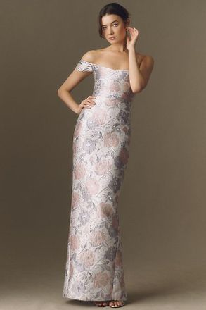 Sau Lee Jackson Asymmetric Jacquard Column Maxi Dress