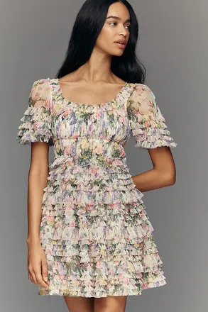 Mac Duggal Ruffle Short-Sleeve Mesh Mini Dress