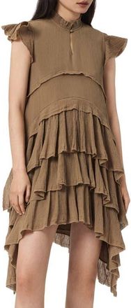 AllSaints Cavalry Layered Ruffle High-Low Dress in Butternut Brown at Nordstrom, Size 4 Us