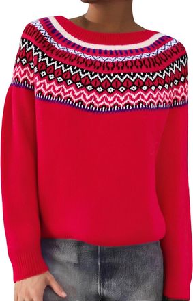 Generic Fair Isle Sweater Women Winter Fleece Sweater Printed Soft Fashion Jumper Tops Long Sleeve Lightweight Christmas Ladies Streetwear(Red, XL)