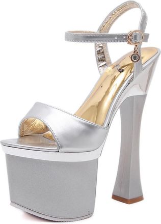 Generic Silver,7.5 UK,Womens Platform Heels Block Chunky Open Toe Ankle Strap Heel Fashion Wedding Party Dress Sandals Shoes 6.8inch Heels
