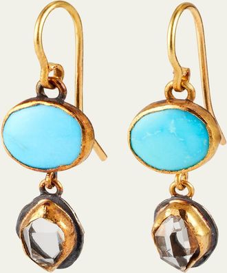 Judy Geib 18K Yellow Gold and Silver Persian Turquoise and Herkimer Diamond Double Drop Earrings