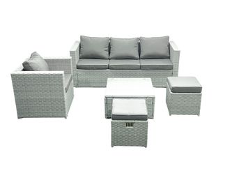 Fimous 6 Seater Rattan Garden Furniture Set with 3 Seater Sofa Chair Square Coffee Table Big Footstool Light Grey Mixed