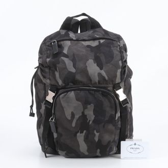 Prada Black Gray Leather Nylon Backpack (Pre-Owned)