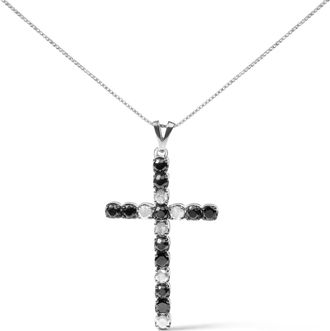 House of Brilliance 925 Sterling Silver 1.0 Cttw Black and White Diamond Alternating Classic Cross 18 Pendant Necklace