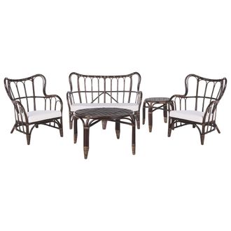 Beliani Conjunto De Jard&iacute;n De Rat&aacute;n Marr&oacute;n Oscuro Beige 2 Mesas 2 Sillones Sof&aacute; Con Cojines Boho Brindisi