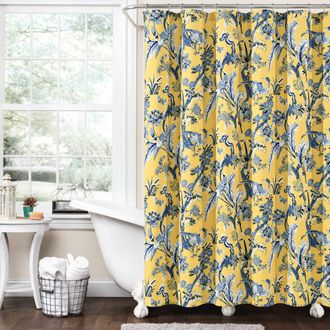 Lush Décor Dolores Shower Curtain,72 W x 72 L, Yellow - Toile Shower Curtain - Bold Blue and Yellow Shower Curtain - Bird & Floral Print - Maximalist & French Co