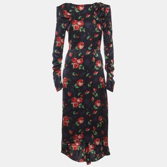 Magda Butrym Navy Blue Floral Print Satin Jacquard Midi Dress