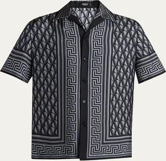 Versace Mens Silk Monogram Greca-Trim Bowling Shirt