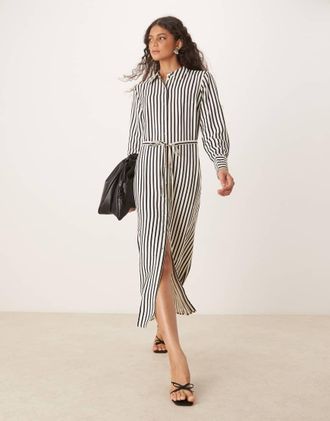 Vero Moda tie waist maxi shirt dress in black and cream stripe-Multi