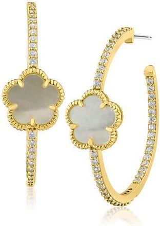Kenneth Jay Lane Pav&eacute; Clover Hoop Earrings in Pearl/Clear/Gold at Nordstrom Rack