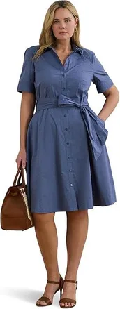 Lauren Ralph Lauren Plus Size Belted Cotton-Blend Shirtdress Womens Dress Capri Blue : 16W, Cotton/Elastane/Nylon