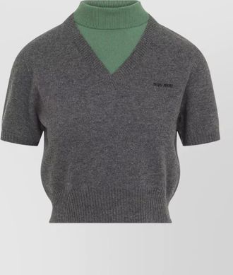 Miu Miu cashmere ribbed layered v-neck short-sleeve turtleneck sweater