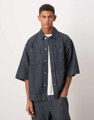 Asos Camicia in denim lavaggio grezzo a maniche corte a righe in coordinato-Blu