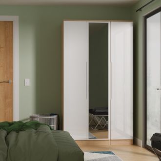 Lewis's Milan Tall Triple Mirror Wardrobe in White Gloss & Bardolino Oak - Ready Assembled - Lewiss Home | TJ Hughes