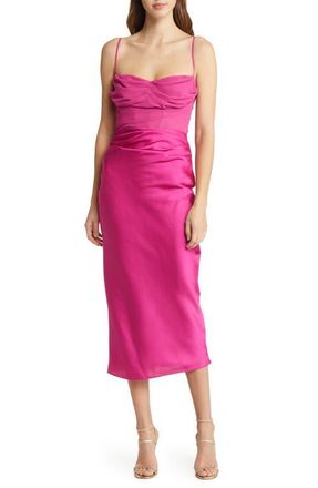 House of CB Teia Satin & Georgette Corset Midi Dress in Hot Pink at Nordstrom, Size X-Small D