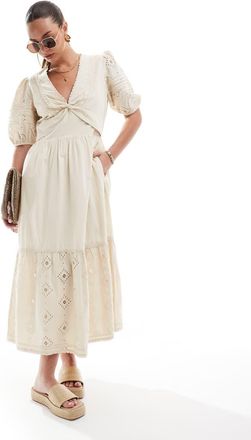 French Connection Cambria - Vestito midi in pizzo di cotone beige-Giallo