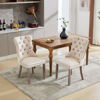 Merax Set of 2 Velvet Button Tufted Dining Chairs with Wood Legs in Beige