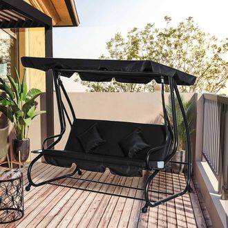 OUTSUNNY 2-in-1 Garden Swing Chair for 3 Person w/ 2 Pillows, Black