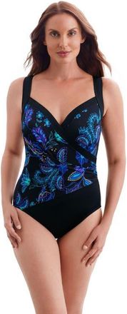 Longitude Spliced Side Shirred Surplice Long Torso One-Piece Swimsuit in Majorelle Garden at Nordstrom, Size 14