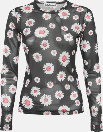 MOLLY GODDARD Black Floral Print Stretch Knit Sheer Top M