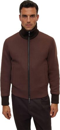 HUGO BOSS Mens Calim Solid Patterned Bomber Jacket with Ribbed Cuff in Brown - Size 42 (Chest)