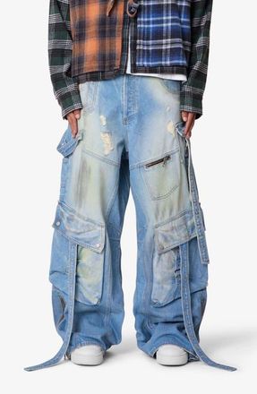 mnml Belt Accent Rave Denim Ultra Baggy Wide Leg Jeans in Washed Blue at Nordstrom, Size 28