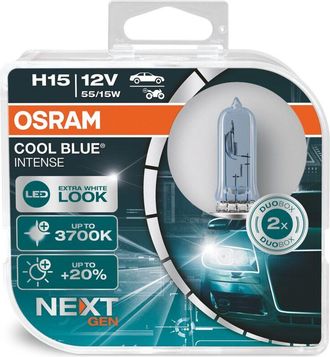 Osram COOL BLUE INTENSE H15, +20% luminosa, fino a 3700K, lampada alogena, look LED, duo box (2 lampade)