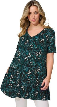 Roaman's Ultra Drape V Neck Short Sleeve Swing Tunic in Teal Floral Print at Nordstrom, Size 20