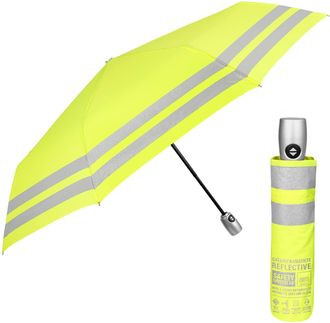 Perletti Safety Folding Umbrella Yellow with Reflective Bands Stripes - Emergency Automatic Open Close Mini Umbrella for Men Women - Windproof Compact Small Re