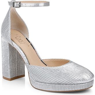 Badgley Mischka Stephanie Ankle Strap Platform Pump in Silver Fabric at Nordstrom Rack, Size 7.5