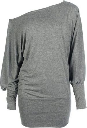 Crazy Girls GOSTYLES Womens Plain Batwing Bardot Jumper Top, Ladies Loose Fit Long Sleeve Off Shoulder Blouse Summer Shirts (Grey, S-M)
