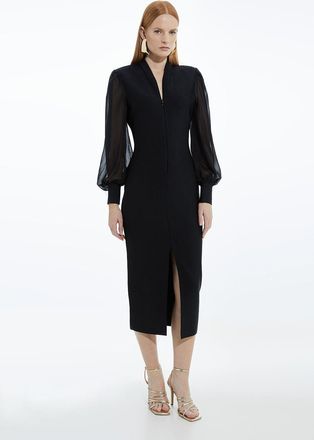 Karen Millen Womens Petite Figure Bandage Form Zip Detail Chiffon Sleeve Knit Dress - Black - Size X-Small