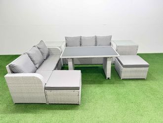 Fimous 8 Seater Rattan Outdoor Dining Table Set with 2 Side Tables Big Stools in Light Grey