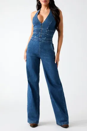 Guess Val Halter Denim Jumpsuit in Blue at Nordstrom, Size X-Small