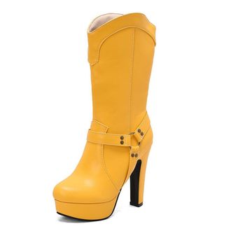 Generic MiaZane Womens Mid Calf Platform Boots Faux Leather Harness Detail Chunky Block Heel Street Style Fashion Winter Boots,Yellow,6.5 UK