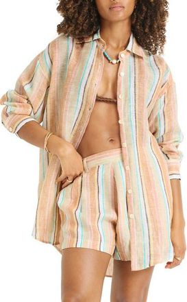 Vitamin A Playa Oversize Linen Cover-Up Shirt in Sand Dunes Stripe at Nordstrom, Size Xx-Small