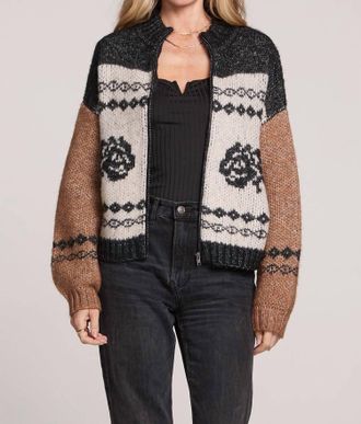 Saltwater Luxe Zip Up Rose Printed Cardigan In Black/ Brown