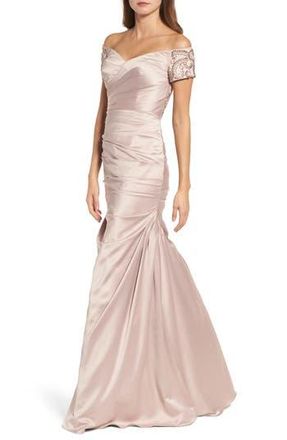 La Femme Off the Shoulder Beaded Satin Trumpet Gown in Champagne at Nordstrom Rack, Size 18 (Similar To 18W-20W)