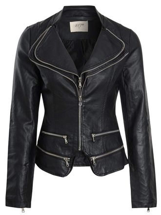 SS7 Womens Faux Leather Biker Jacket Zip Collar Black