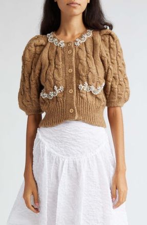Simone Rocha Rhinestone & Imitation Pearl Detail Alpaca Blend Sweater in Camel/Pearl/Clear at Nordstrom, Size Medium