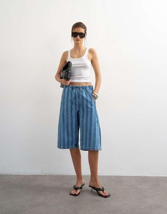 Topshop Pantaloncini in denim blu a righe bombati