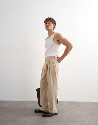 Topman Pantaloni a fondo ampio color pietra a pieghe-Neutro