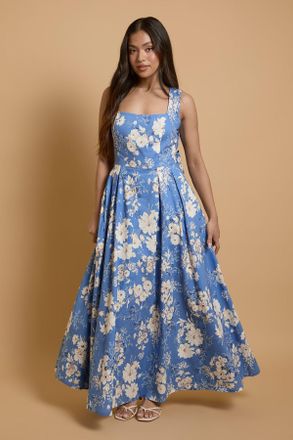 Oasis Womens Petite Square Neck Cotton Occasion Maxi Dress - Blue - Size 10 UK