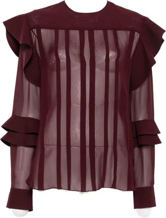Lanvin Burgundy Sheer Ruffled Silk-Nylon Blouse