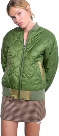 Topshop Colorblock Quilted Bomber Jacket in Medium Green at Nordstrom, Size X-Small
