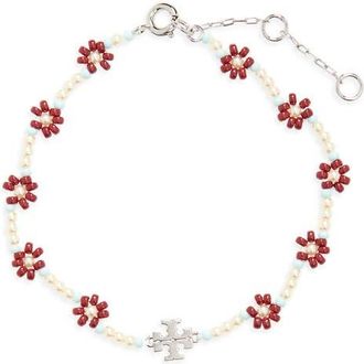 Tory Burch Curiosity Faux Pearl Flower Bracelet in Dark Brown at Nordstrom
